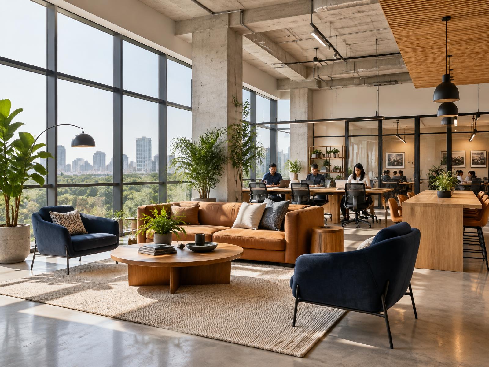 Premium coworking lounge with desks and meeting areas